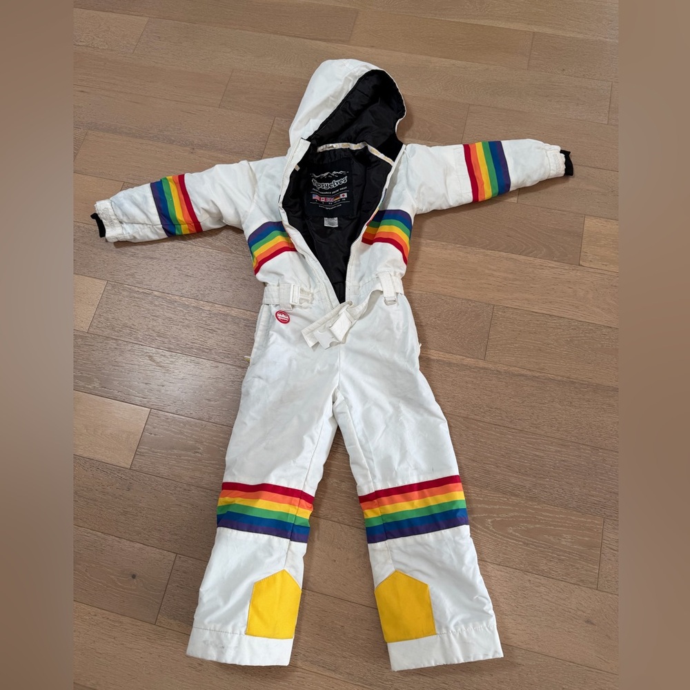 Tipsy Elves Sunrise Shredder White Snowsuit with Colorful Stripes Rainbow KIDS